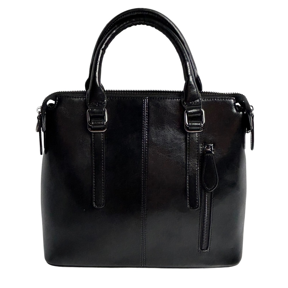 Heshe Black Leather Satchel Handbag Crossbody Tote Silver Hardware Zipper Pocket